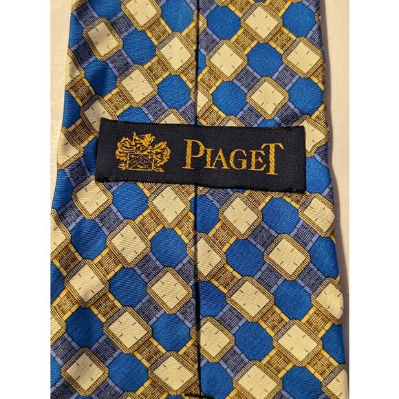 Piaget Silk Vintage 100% Silk Blue Gold Geometric Design Neck Tie - Picture 16 of 16